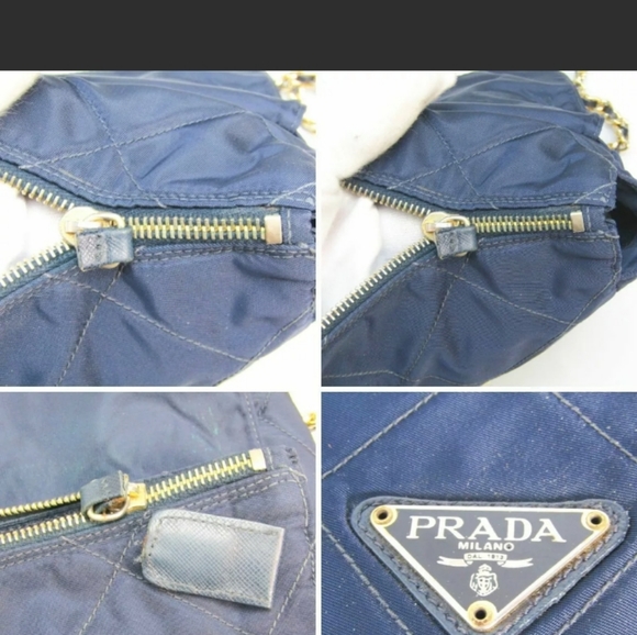 PRADA Gold Chain Bag Shoulder Bag 100% Authentic Navy Blue Crossbody Bag Tote - Picture 10 of 16